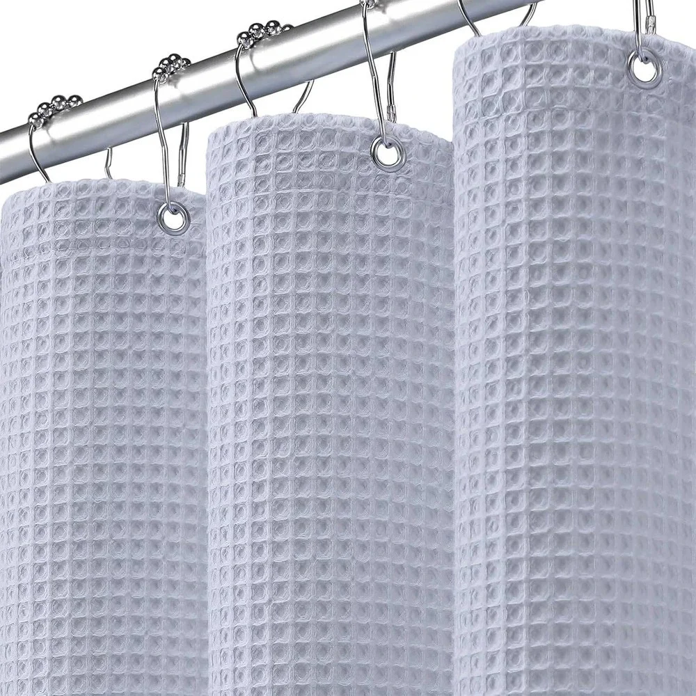 XOGUIBO Waffle Weave Shower Curtain Light Blue Cotton Blend Matte Spa Style